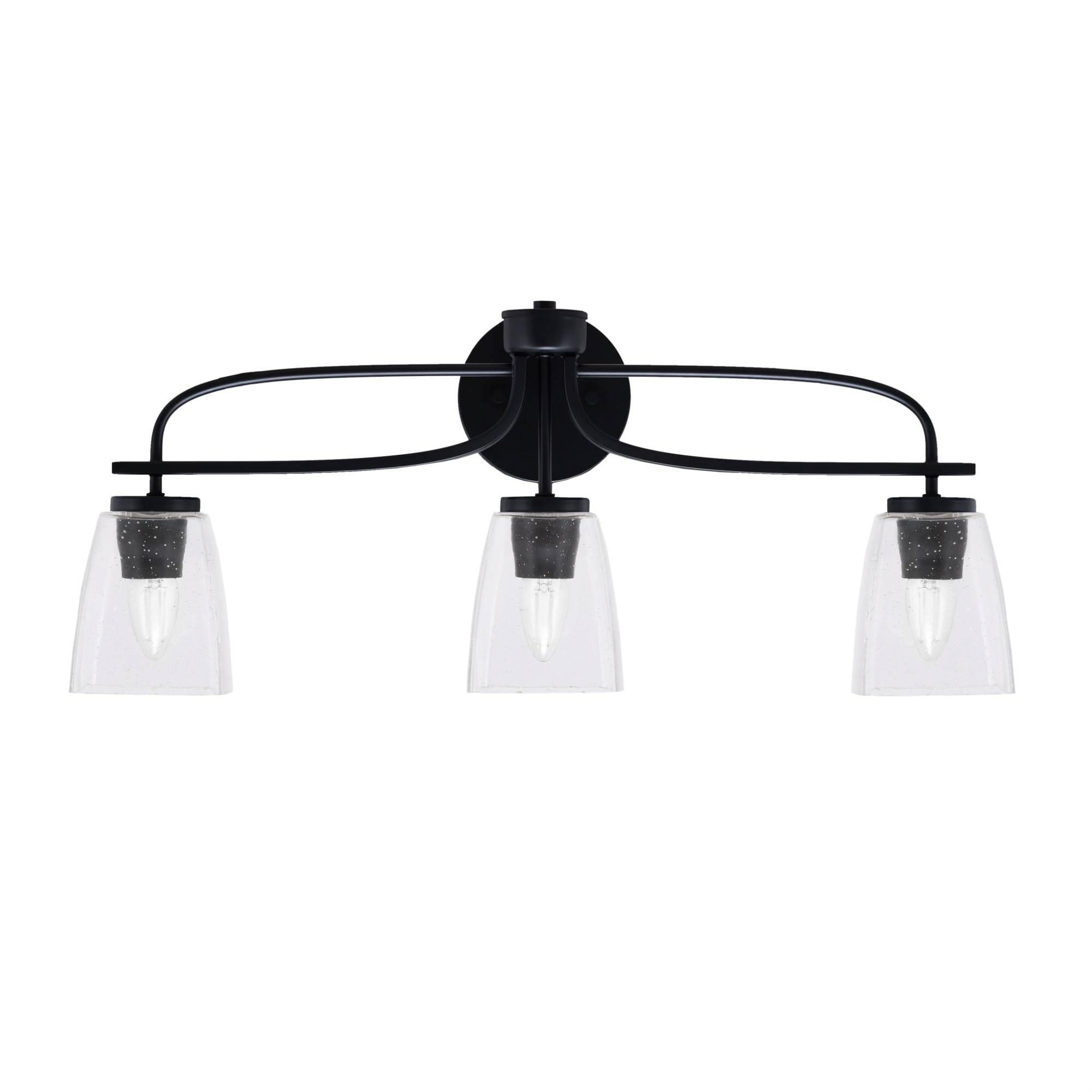 Cavella 3 Light Bath Bar Shown In Matte Black Finish With 4.5" Square Clear Bubble Glass