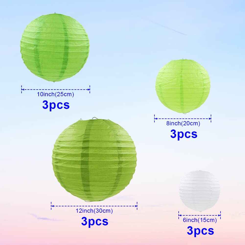 Famolay Green Paper Lanterns 12 Pcs Assorted Size Of 6'' 8'' 10'' 12'' Chinese Round Paper Hanging Decorations Ball Lanterns Lam