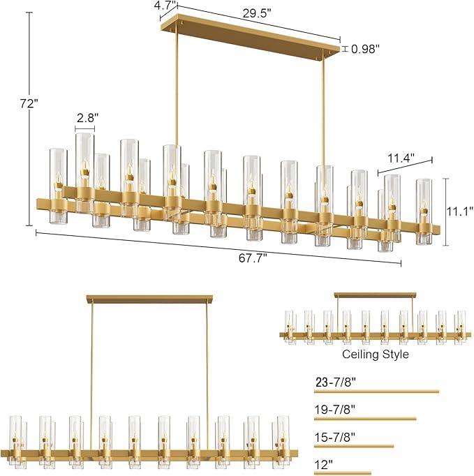 Yiosi Brass Kitchen Island Lighting-20-Light Linear Chandelier, Adjustable 67.7'' Modern Farmhouse Rectangle Pendant Light Fixtu