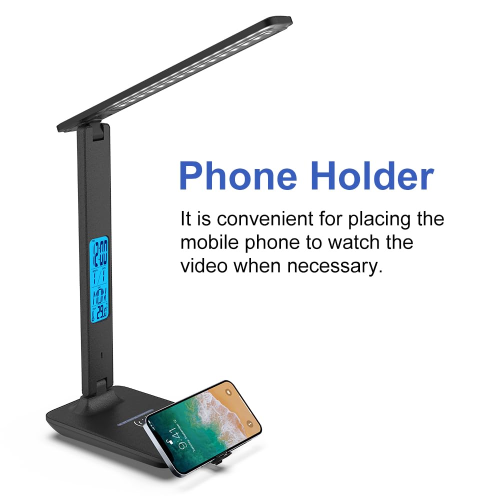 Wanjiaone Multifunctional Led Desk Lamp With Wireless Charger,Usb Charging Port,Clock,Phone Holder,Desk Lamps For Home Office,Eye-Caring Reading Lamp,Study Lamp For Boys,Girls,Teens,Black