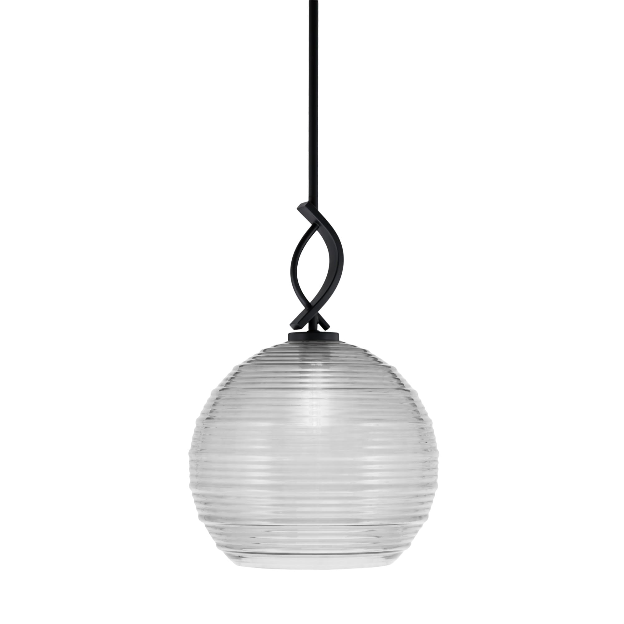 Cavella 1 Light Stem Mini Pendant Shown in Matte Black Finish with 12&quot; Clear Ribbed Glass