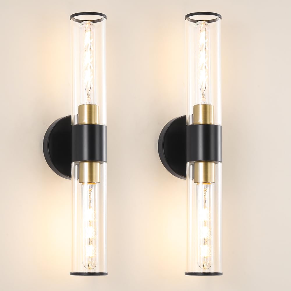 Black And Gold Bathroom Wall Sconces, Hardwired Sconce Wall Decor Set Of 2, Modern Wall Sconce With Clear Glass, Bathroom Sconce