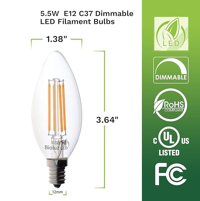 Bioluz LED Candelabra Bulbs 5.5W Dimmable E12 Base 2700K Warm White 12-Pack