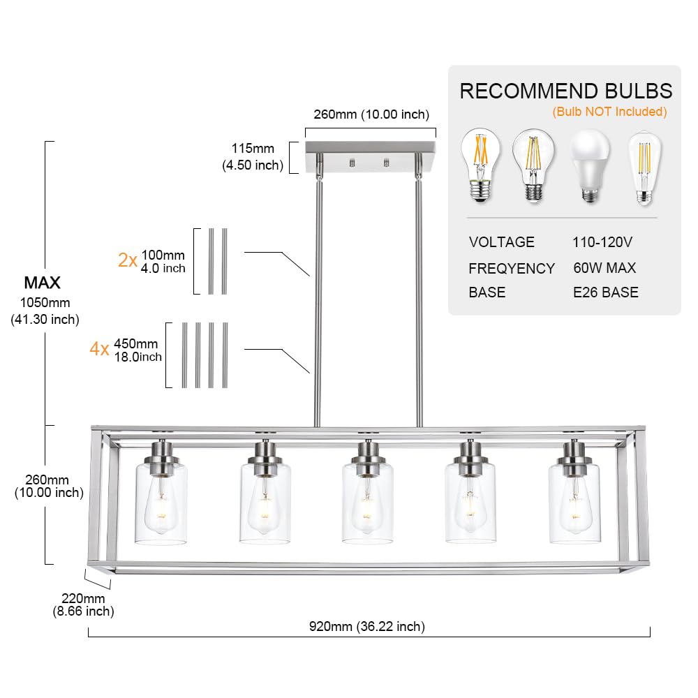 VINLUZ 5-Light Industrial Modern Chandelier, Brushed Nickel Finish, Clear Glass Shade, Pendant Lighting for Dining Room, Living Room