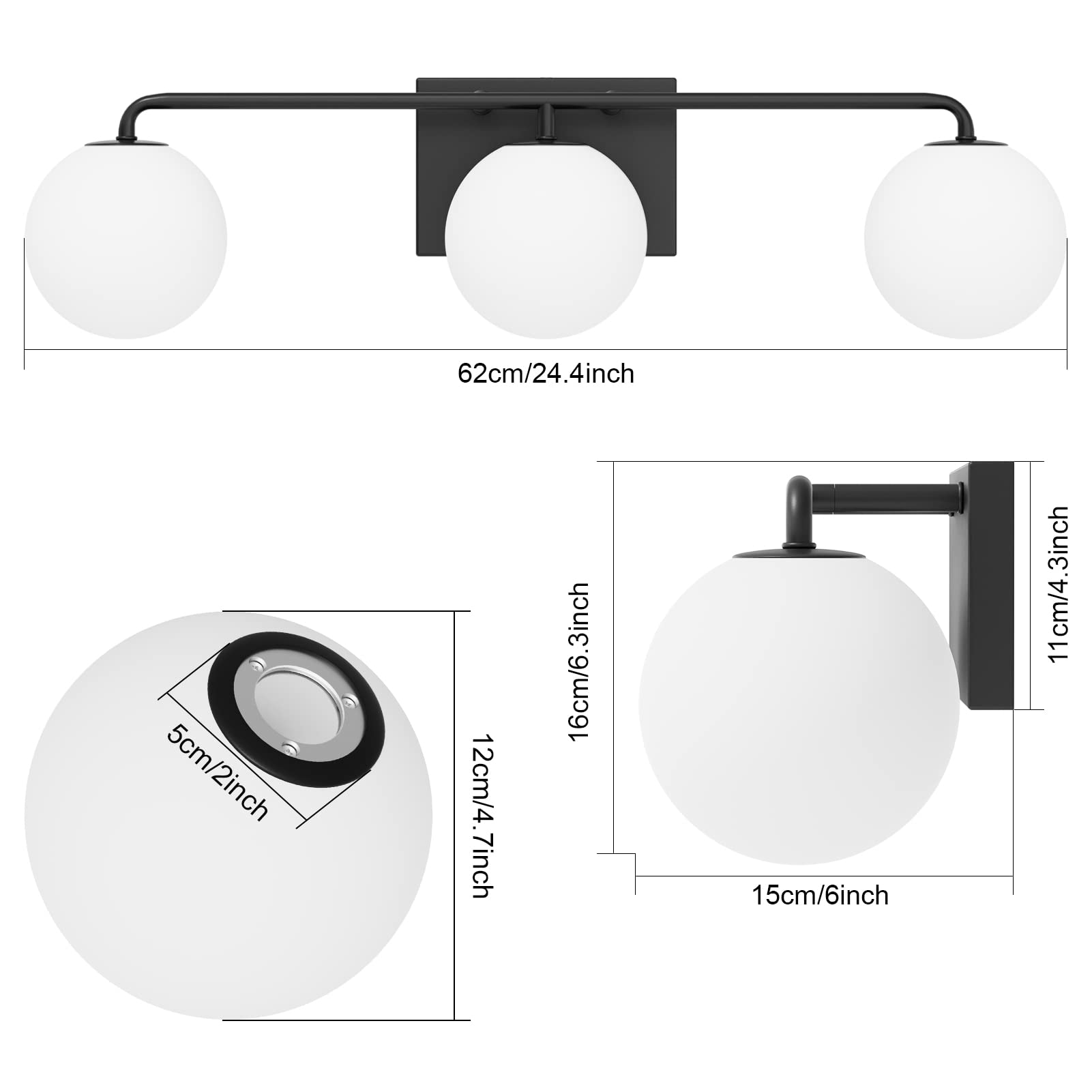 Tipace Mid Century Modern Bathroom Vanity Light, 3-Light Black Milk White Glass, 24.4 IN, Industrial Style, Model 1129