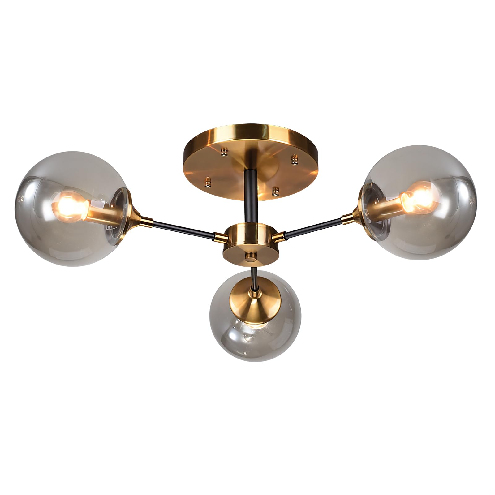 KCO Lighting 3-Light Modern Glass Globe Flush Mount Ceiling Light Mid-Century Matte Black and Gold Metal Sputnik Chandelier Vint
