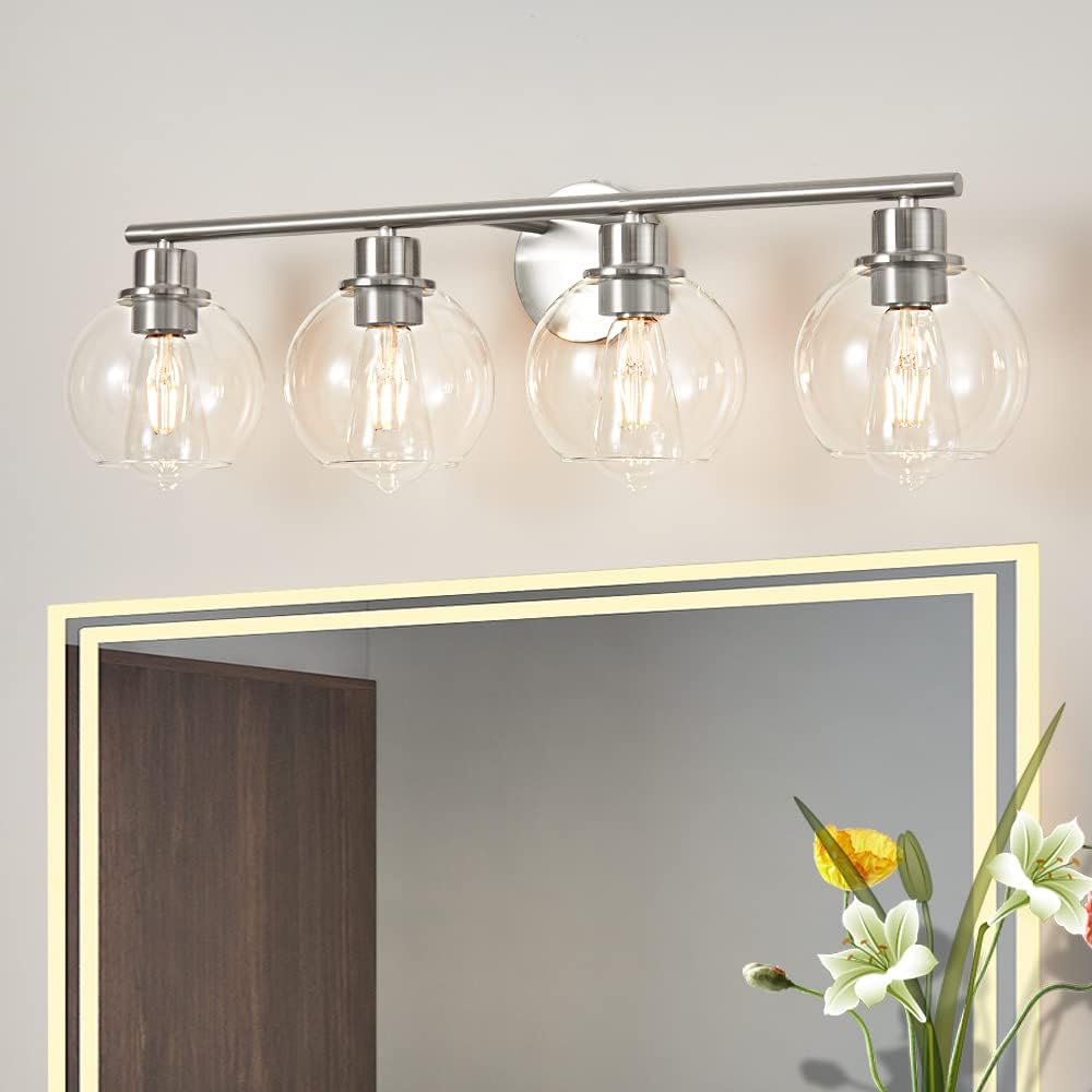 Lanmate Bathroom Vanity Light Fixture, 4-Lights, Clear Glass Shade, 29.5 inch, Modern, Brushed Nickel, Model 4L-CG-BN-29.5