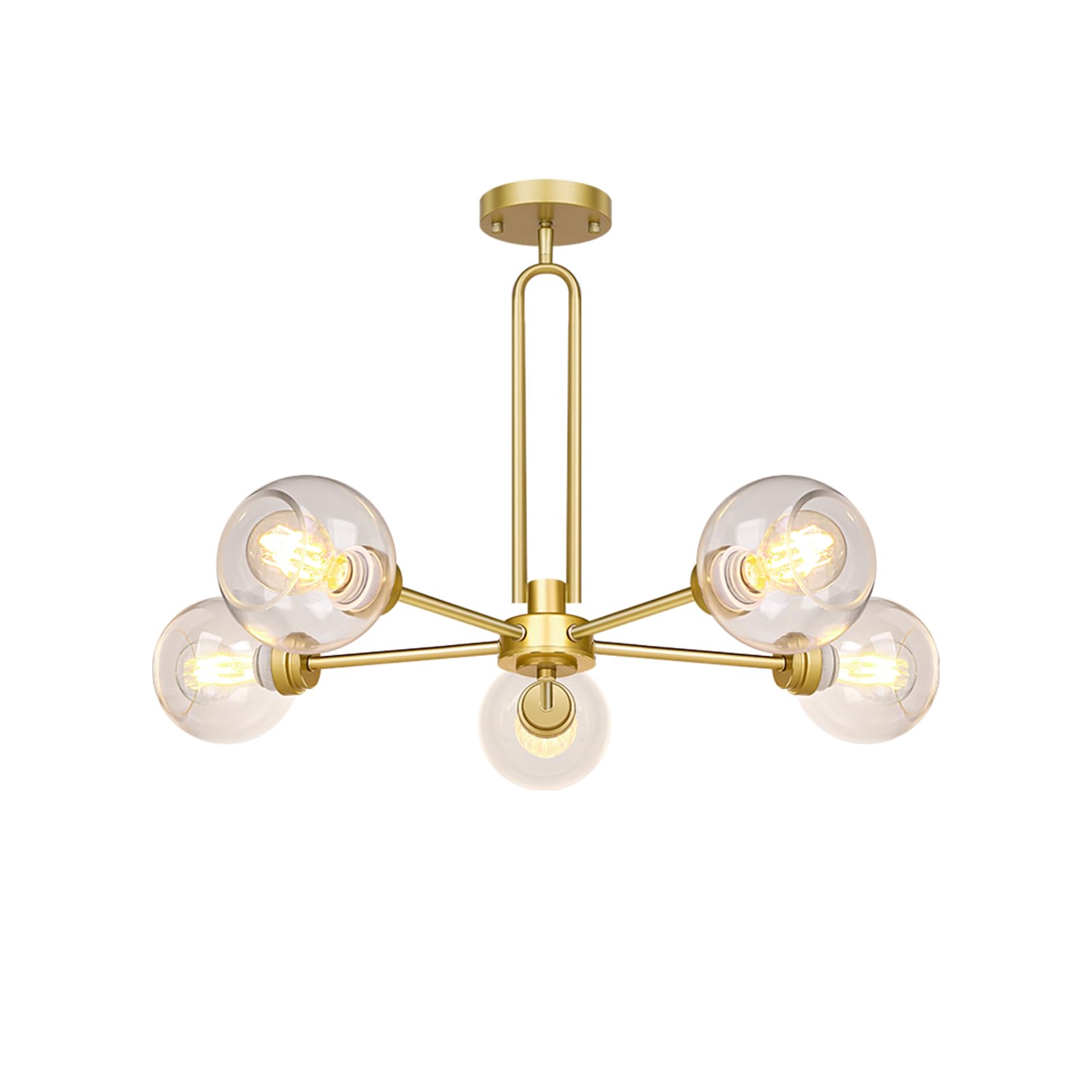 Globe Chandelier Pendant Modern Gold Large Semi-Flush Ceiling Light, Clear Glass, 5-Light, Sputnik - Ideal For Kitchen, Living R