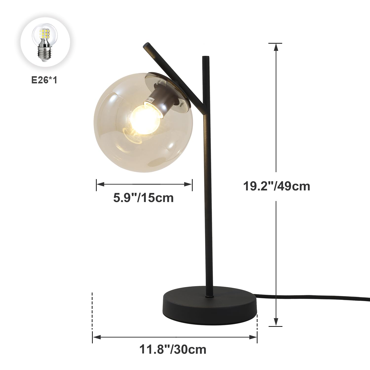 Fulesi Mid Century Table Lamp Vintage Bedroom Desk Lamp Black Nightstand Table Lamp Contemporary Clear Glass Globe Table Lamp Fo