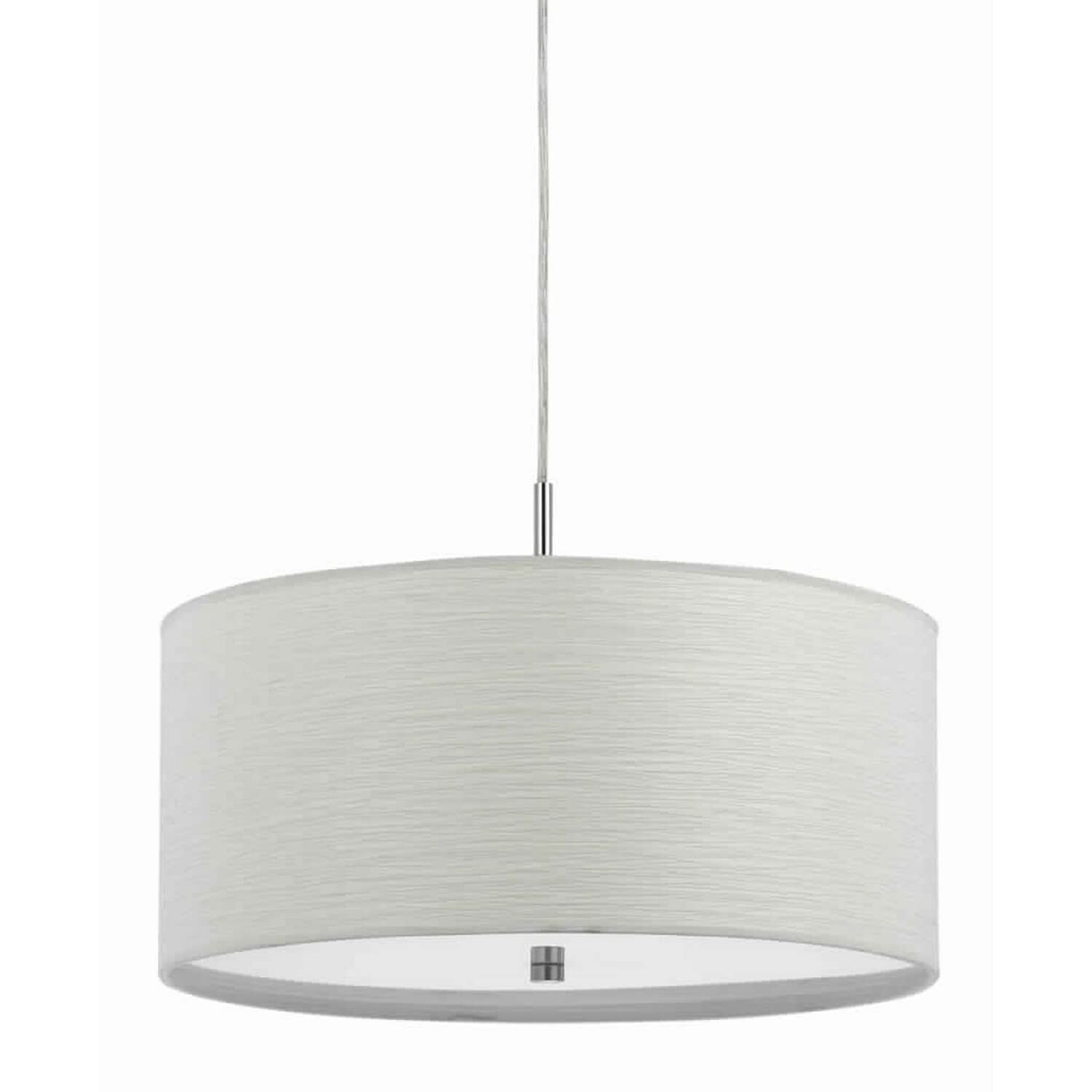 Benjara Drum Style Pendant Fixture With Fabric Shade And Brushed Details, White