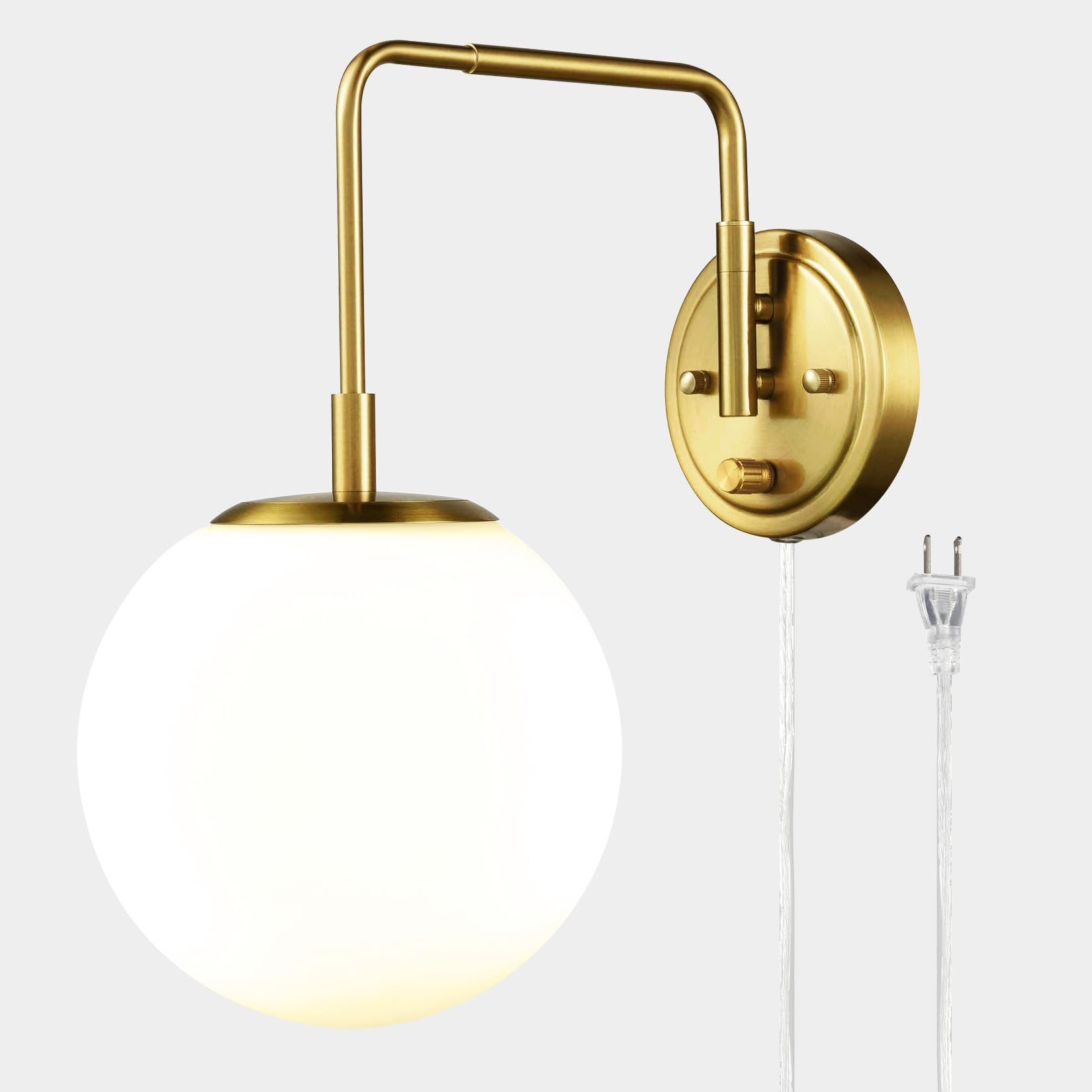 DAYCENT Gold Plug in Wall Sconce with Milk Glass Shade Globe Sconces Wall Lighting Modern 1-Light Brass Swing Arm Wall Light Fix