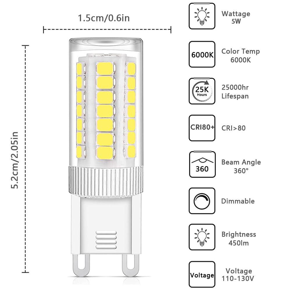 G9 Led Bulb Dimmable 4W, 40 Watt T4 G9 Halogen Equivalent, 6000K Daylight White, 110-130V No-Flicker, Ceramic Bi Pin Base,450 Lu