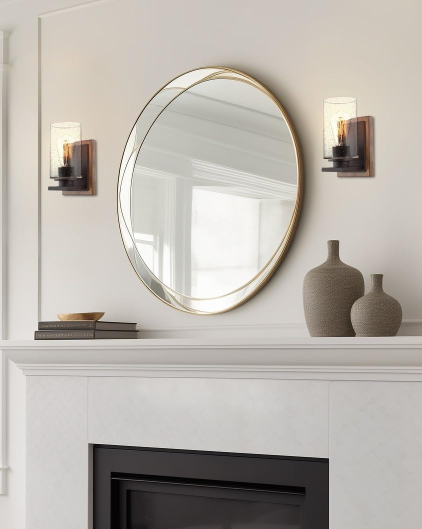 Kira Home Sedona 9'' Modern Rustic Wall Sconce + Seeded Glass Cylinder Shade, Oil Rubbed Bronze + Wood Style Walnut Finish