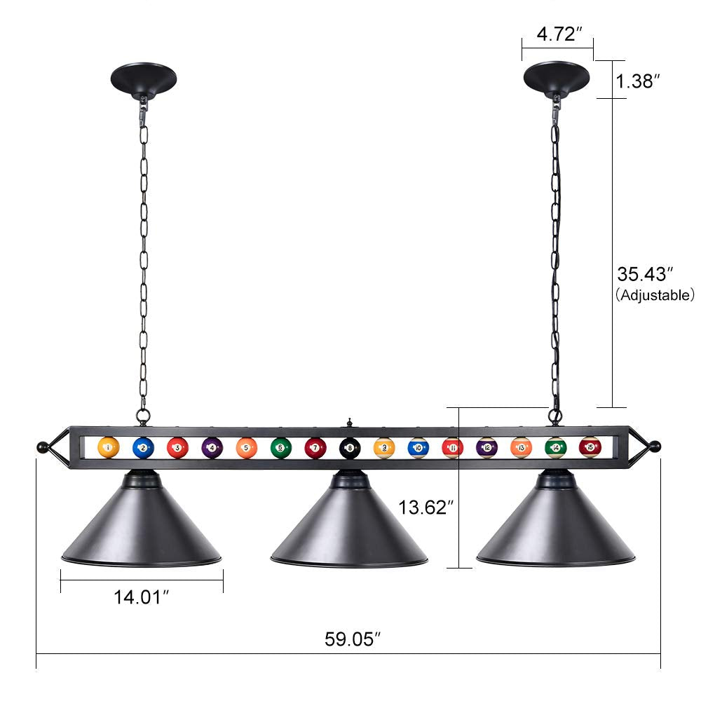 Wellmet 3 Light Billiard Pool Table Lighting Fixture, 59" Black Pendant Light for 7'-8' Tables, Modern Matte Metal Shade, Model CHL-002-light-Black