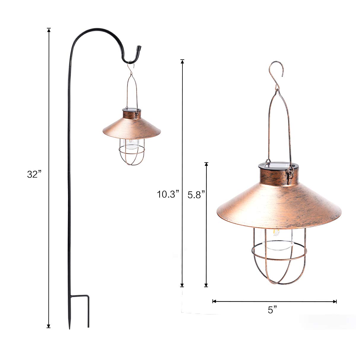 HUYIENO Solar Metal Hanging Lanterns 2-Pack with Shepherd Hook, Brushed Copper, Model HY1203