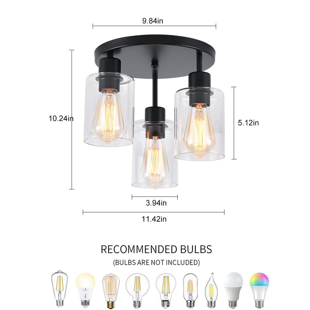 Ihengyanlt 3-Light Industrial Farmhouse Black Matte Light Fixtures Ceiling Mount, With Clear Glass Shades Semi Flush Mount Ceili