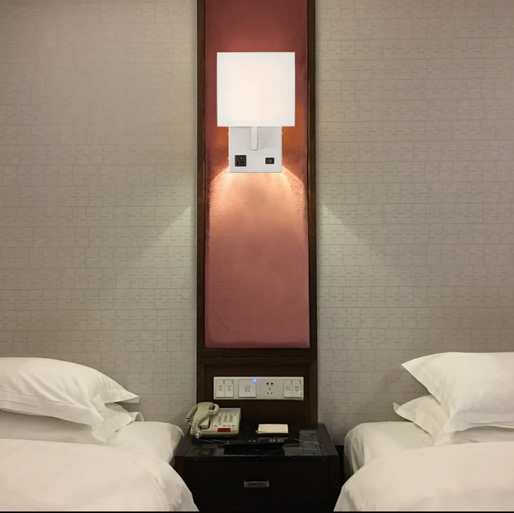 Homefocus - Bedside Wall Light With Outlet,Wall Lamp,Wall Sconces,Wall Lamp For Bedroom,Living Room,Wall Light For Home And Hotel,Metal,Satin Nickel,White Fabric Shade.