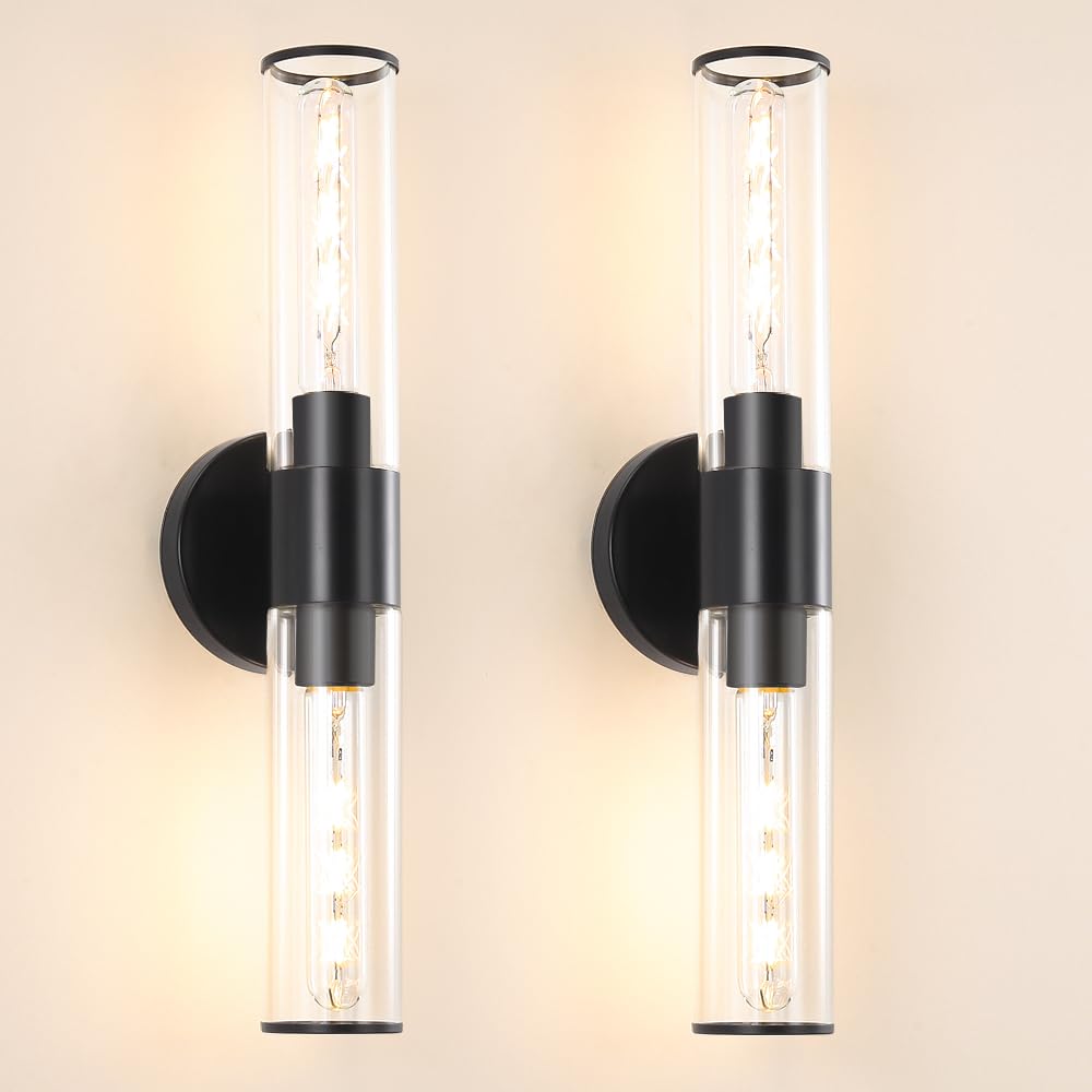 Matte Black Bathroom Sconces Wall Lighting, 2 Light Hardwired Bathroom Vanity Light, Modern Wall Sconce Set Of Two, Wall Mounted