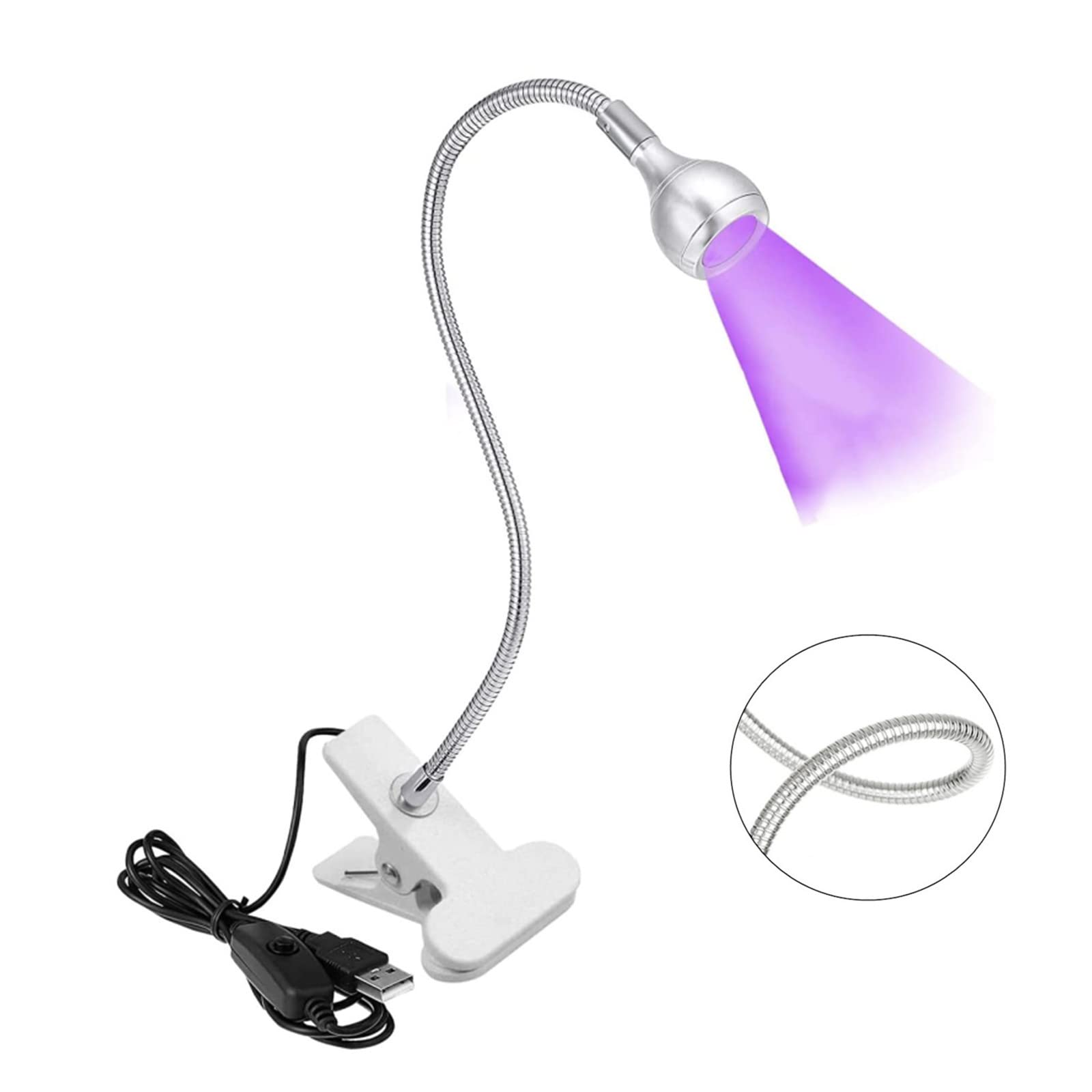 UV LED Light Fixtures with Gooseneck and Clamp Mini Desk Light Clamp Portable Gooseneck for Outdoor Stall Gel Nail Curing, 5V US
