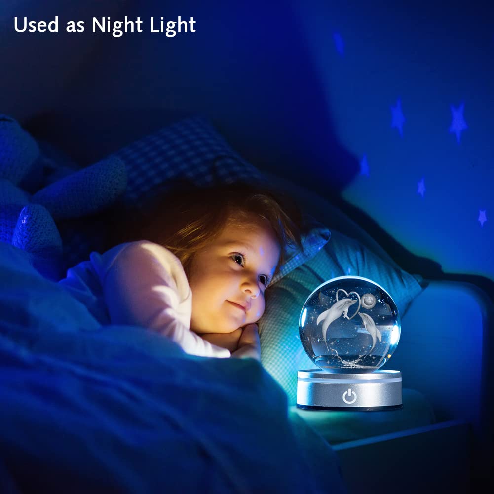 IFOLAINA 3D Dolphin Crystal Ball Night Light, 3.15 inches, Clear, Model K086-M, Perfect Gift for Dolphin Lovers