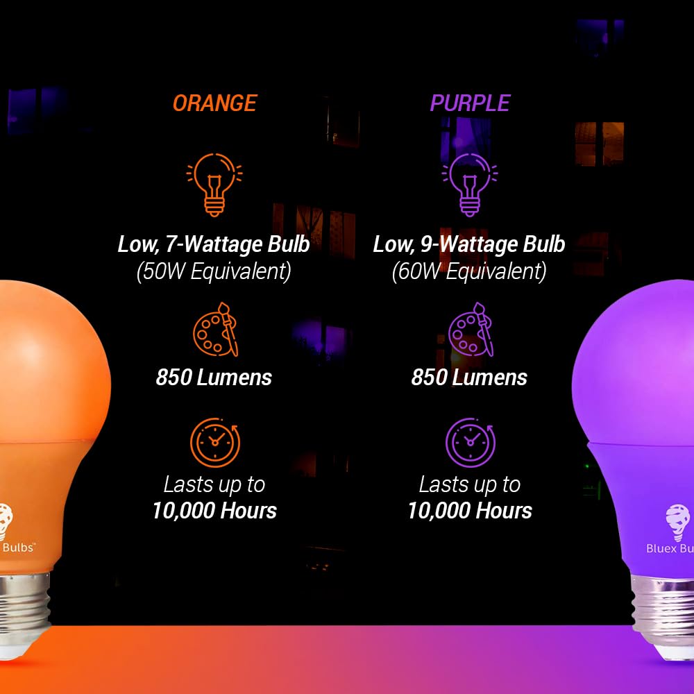 4 Pack A19 Led Purple Light Bulb Led Orange Light Bulb 120V E26 Base 9 Watt (60-Watt Replacement) Purple Bulb Orange Bulb, Party Decoration, Porch, Home Lighting, Halloween Light Bulbs
