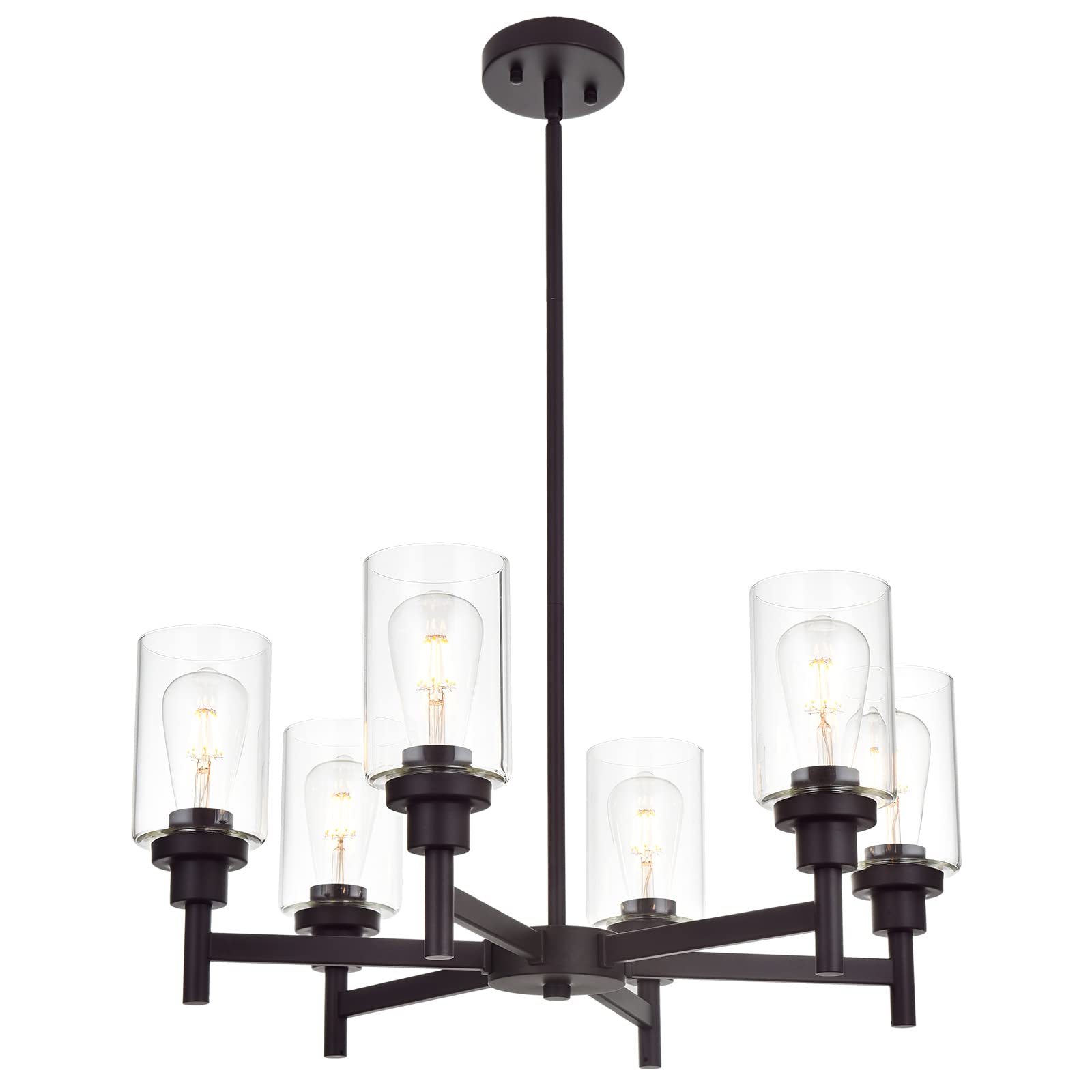 VINLUZ 6 Light Farmhouse Chandelier Classic Pendant Lighting Oil-Rubbed Bronze Industrial Ceiling Lighting Fixture with Clear Gl