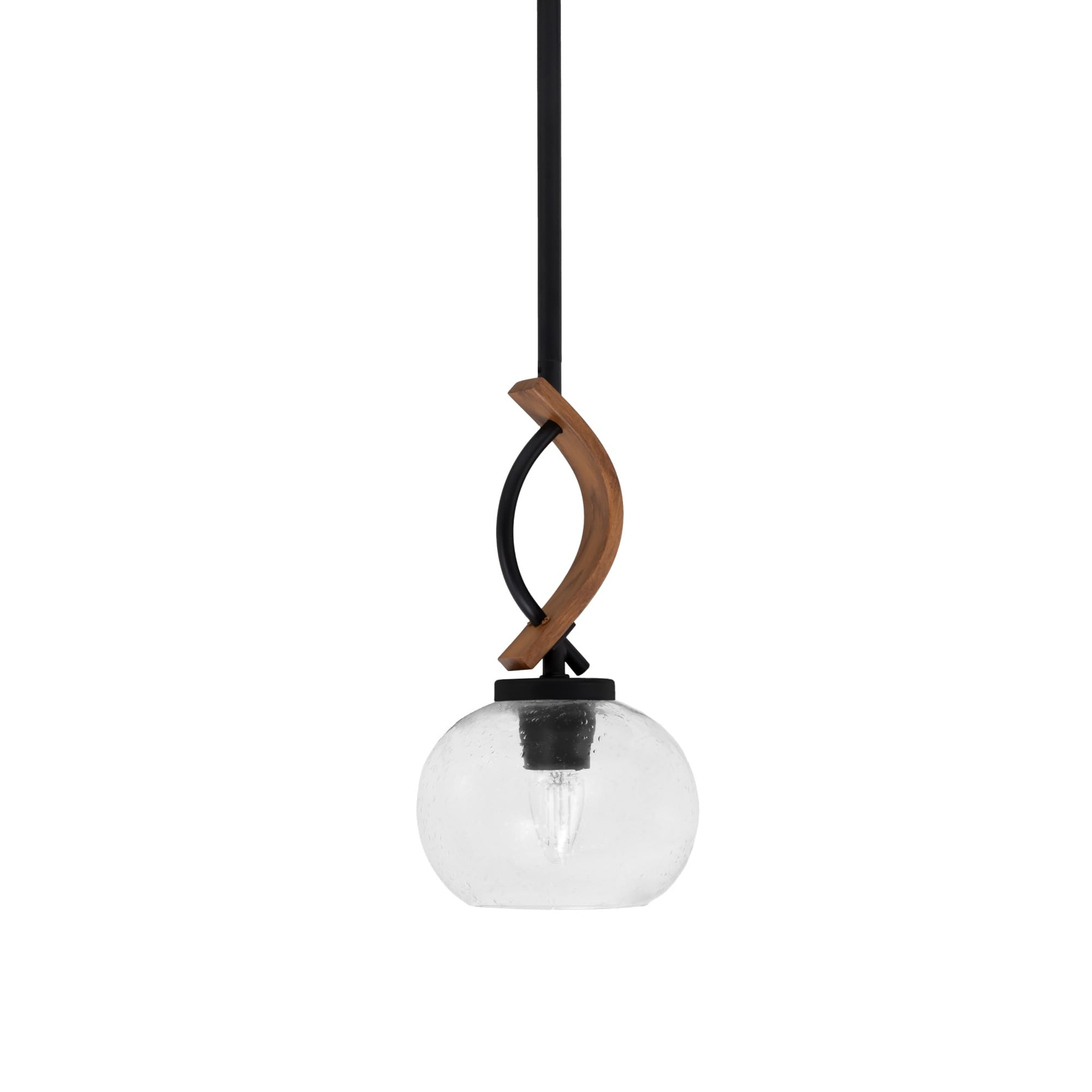 Toltec Lighting Monterey Stem Hung Mini Pendant, Matte Black & Wood-Look Finish, 7in Clear Bubble Glass