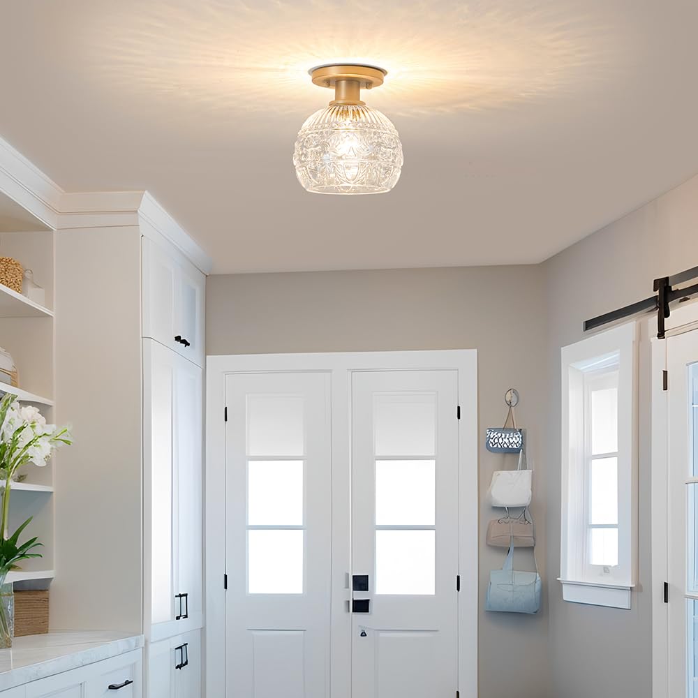 Brass Gold Semi Flush Mount Ceiling Light Fixture, Farmhouse Bathroom Light With Globe Glass Shade, Vintage Hallway Lights Fixtu