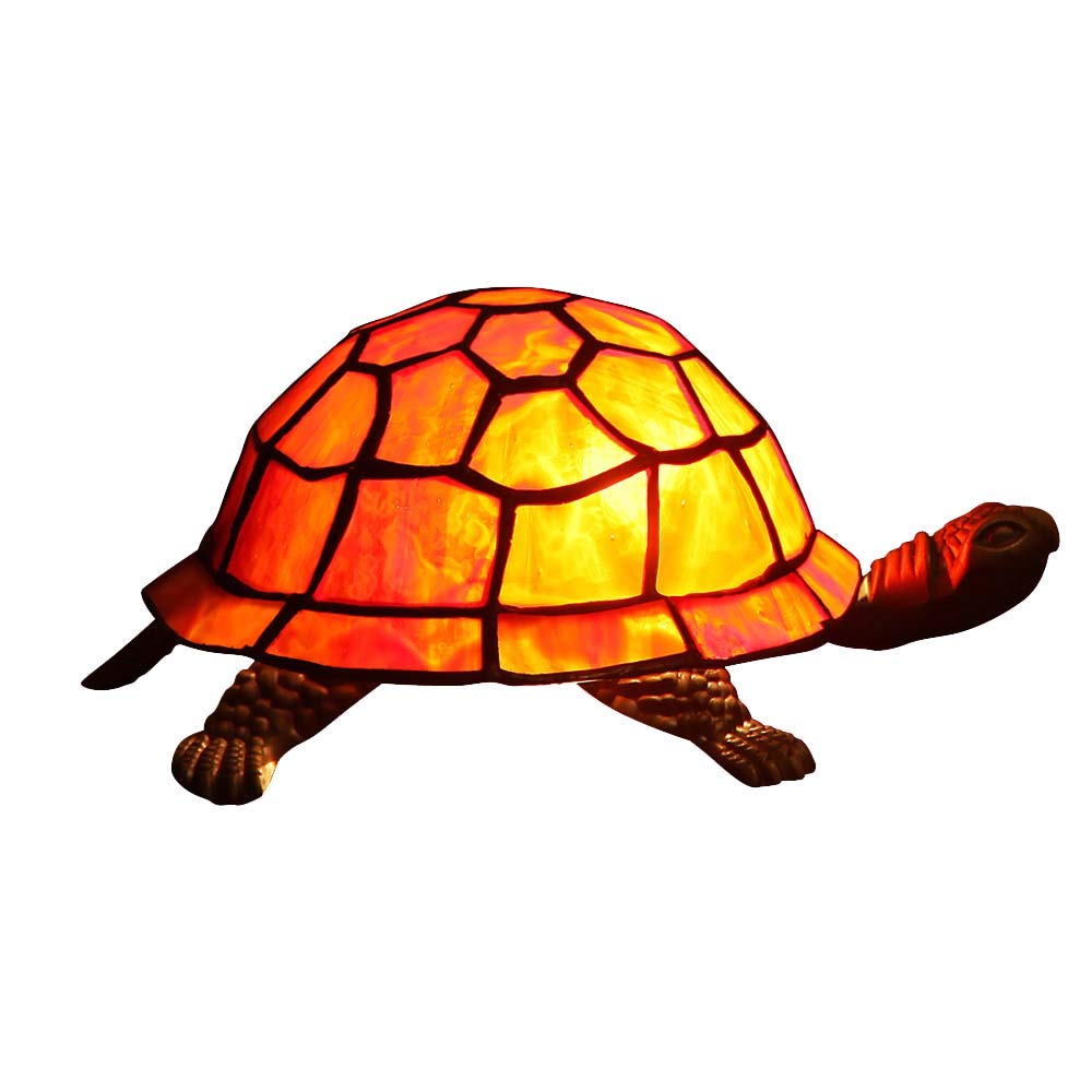 Bieye L10721 Tortoise Tiffany Style Stained Glass Accent Table Lamp for Home Decor (Dark Red)