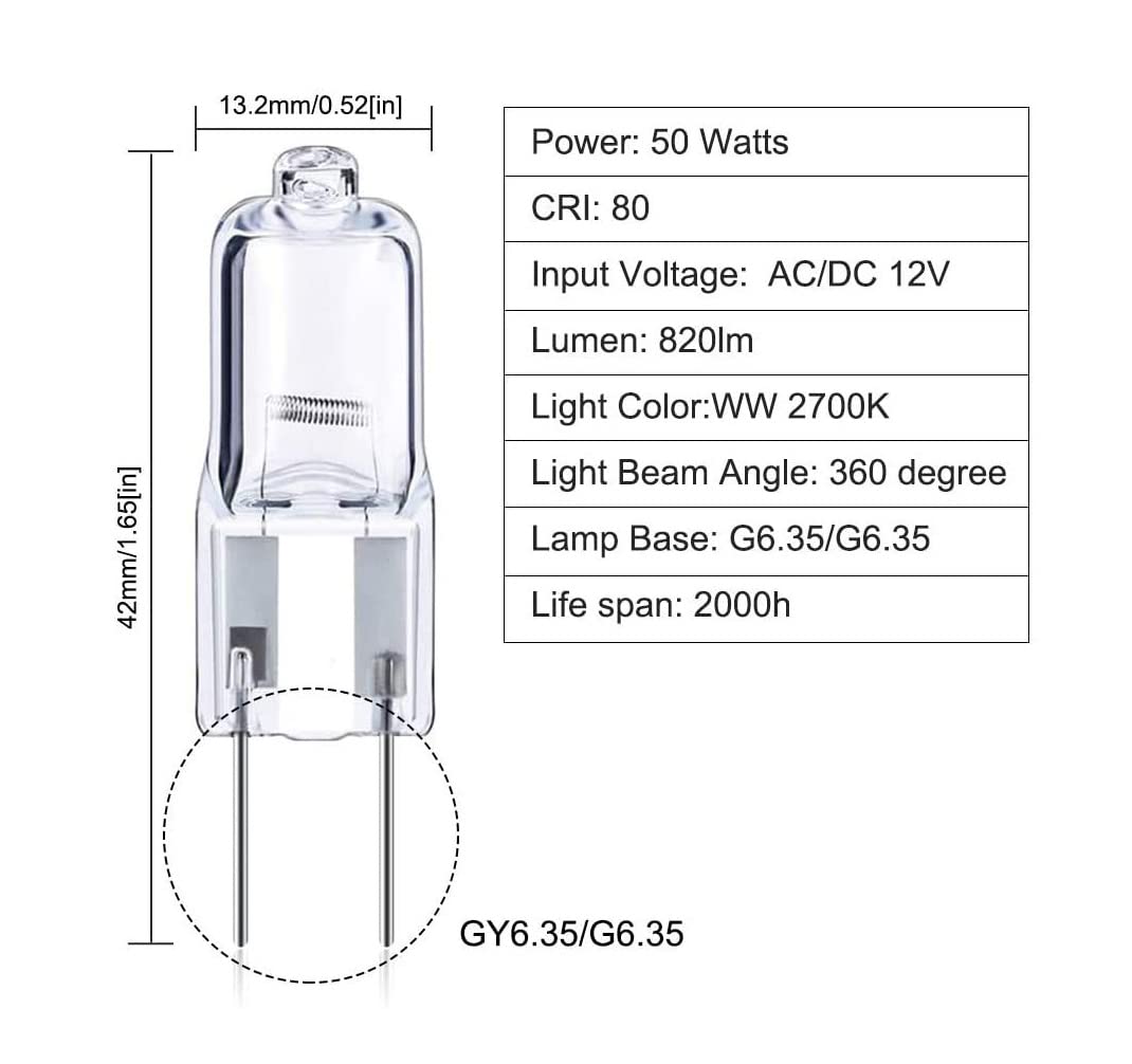 Gy6.35 Light Bulbs, 12V 50W Crystal Clear Halogen Bulb 2 Pin, T4 Jc Bi-Pin Base G6.35 Capsule Bulb, Dimmable, 2700K Warm White,