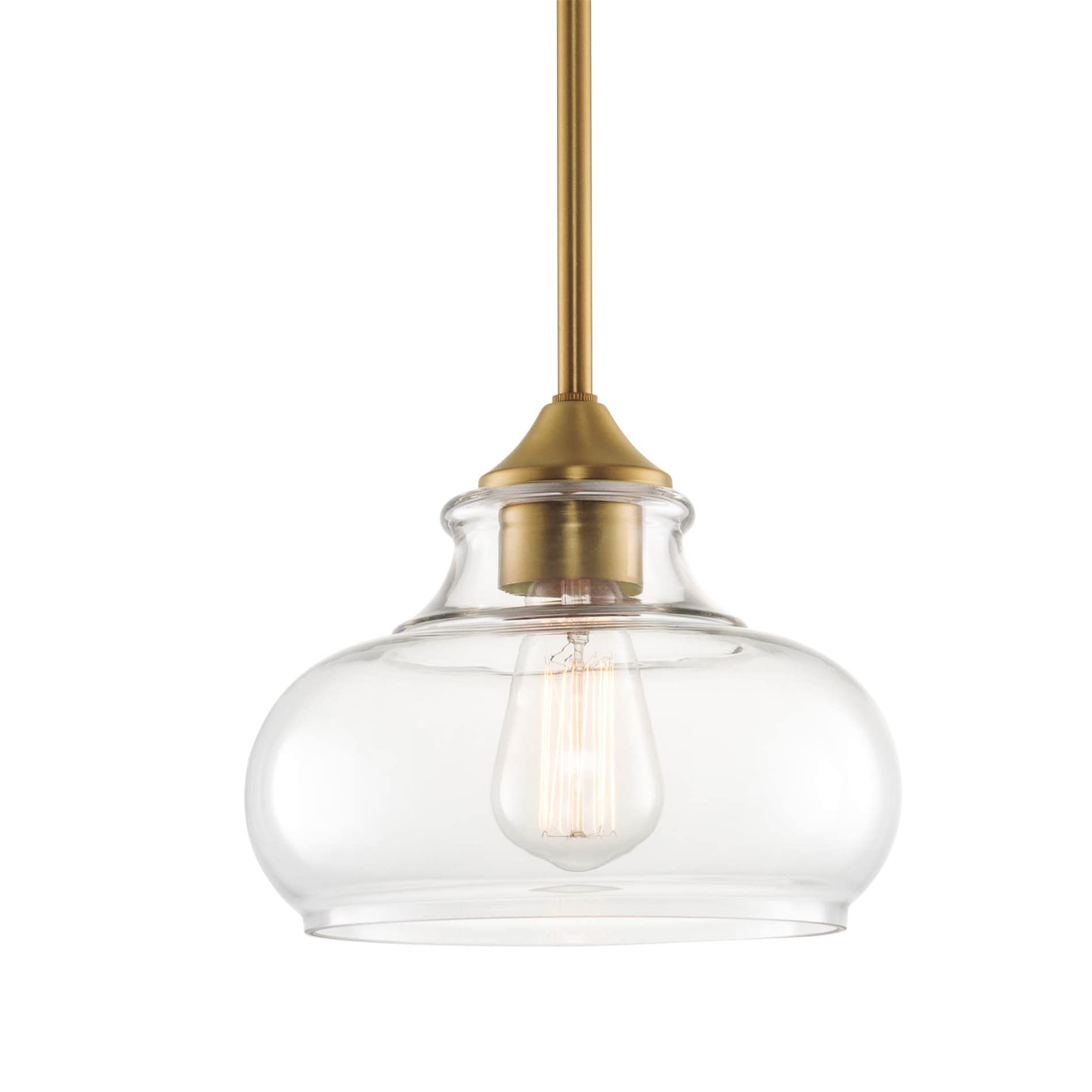 Kira Home Harlow 9in Pendant Light, Modern Industrial, Clear Glass Shade, Warm Brass Finish, Model RV-CP6802-WB