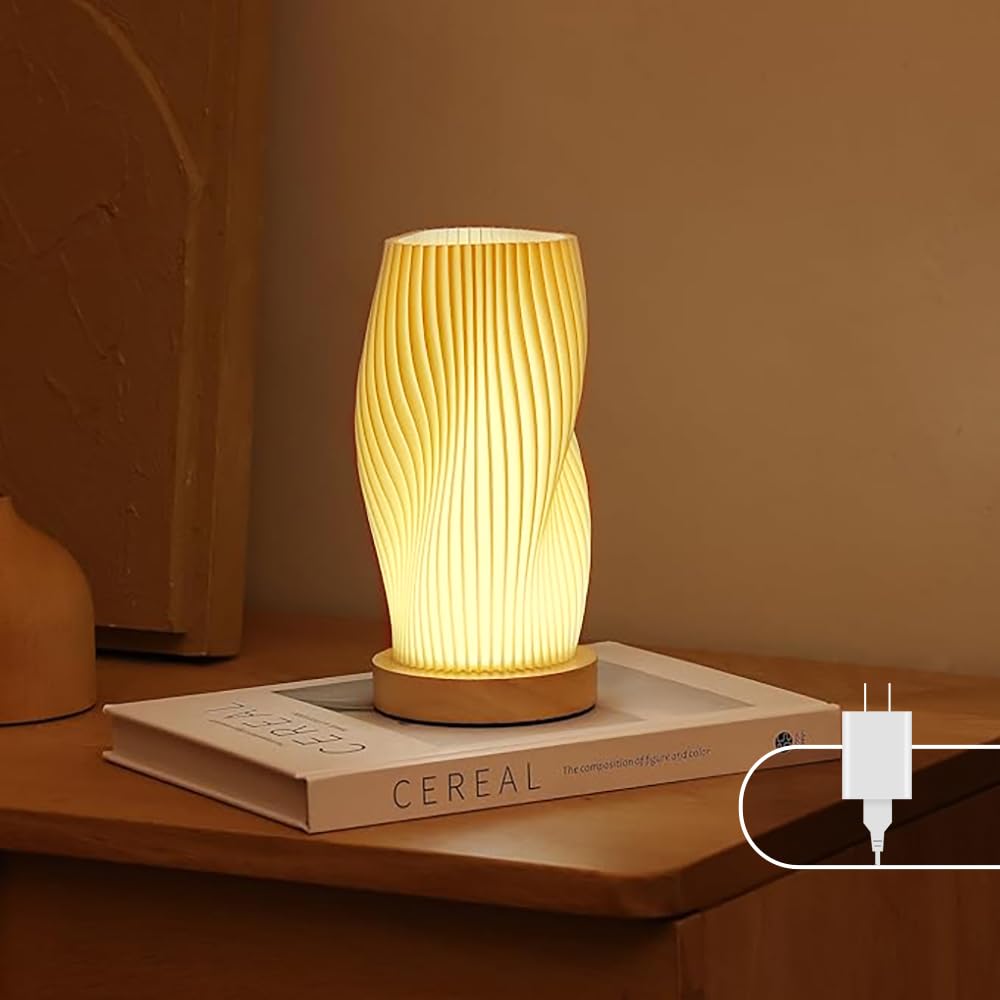 Dawnwake Bedside Lamp with Woodbase - Button Control Table Lamp for Bedroom 12 Way Dimmable Nightstand Lamp with PLA Lampshade f