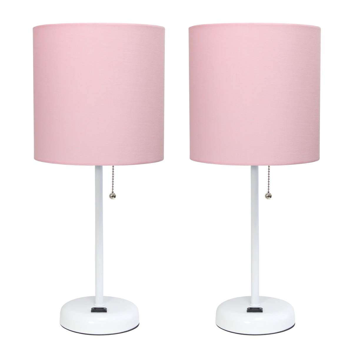 Limelights LC2001-POW-2PK White Stick Table Lamp with Charging Outlet & Fabric Shade44; Pink - Set of 2