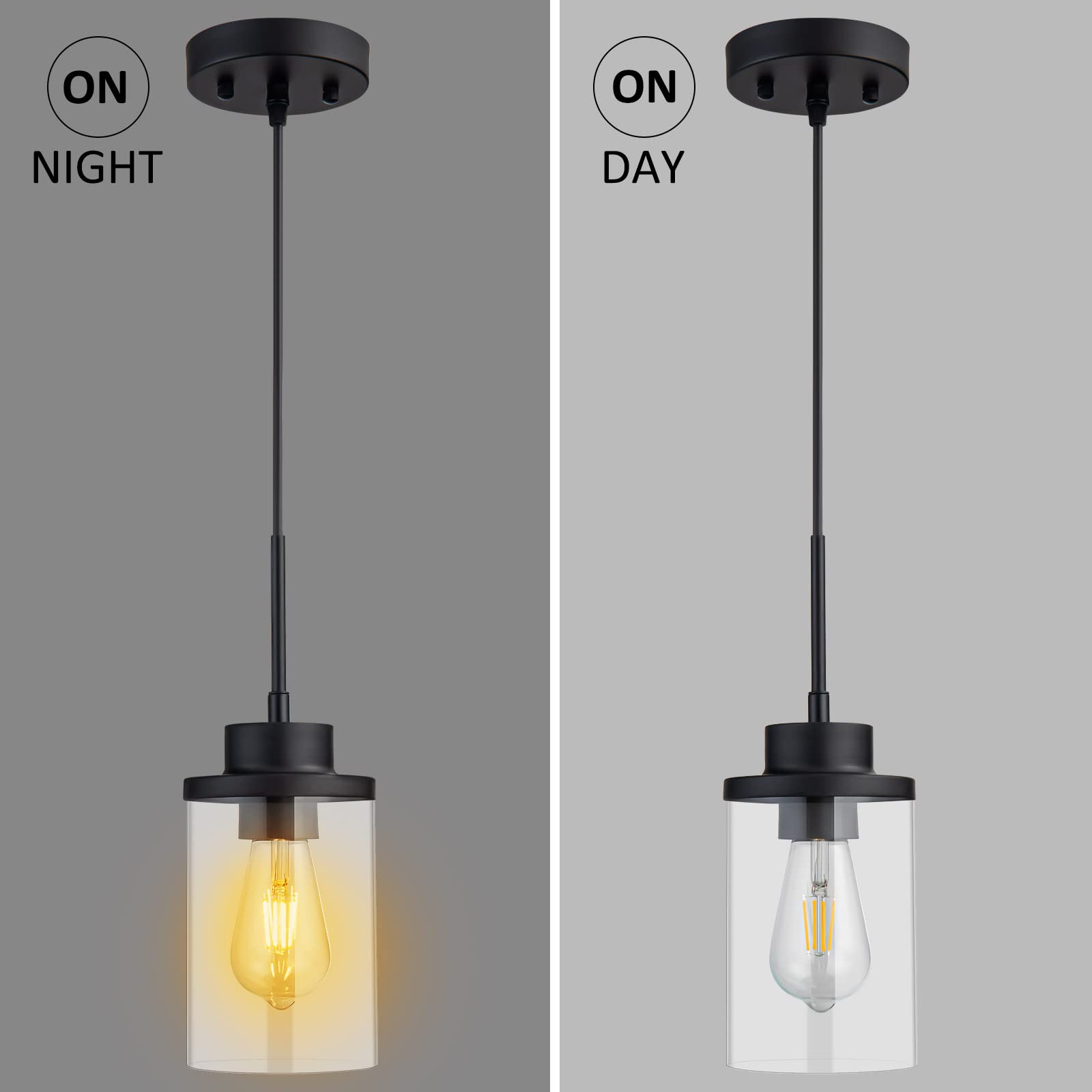 Dalivol Modern Black Farmhouse Clear Glass Cylinder Pendant Light Fixture, Single Hanging Pendant Lighting For Kitchen Island, Dining Room, Foyer & Hallway(2 Packs)