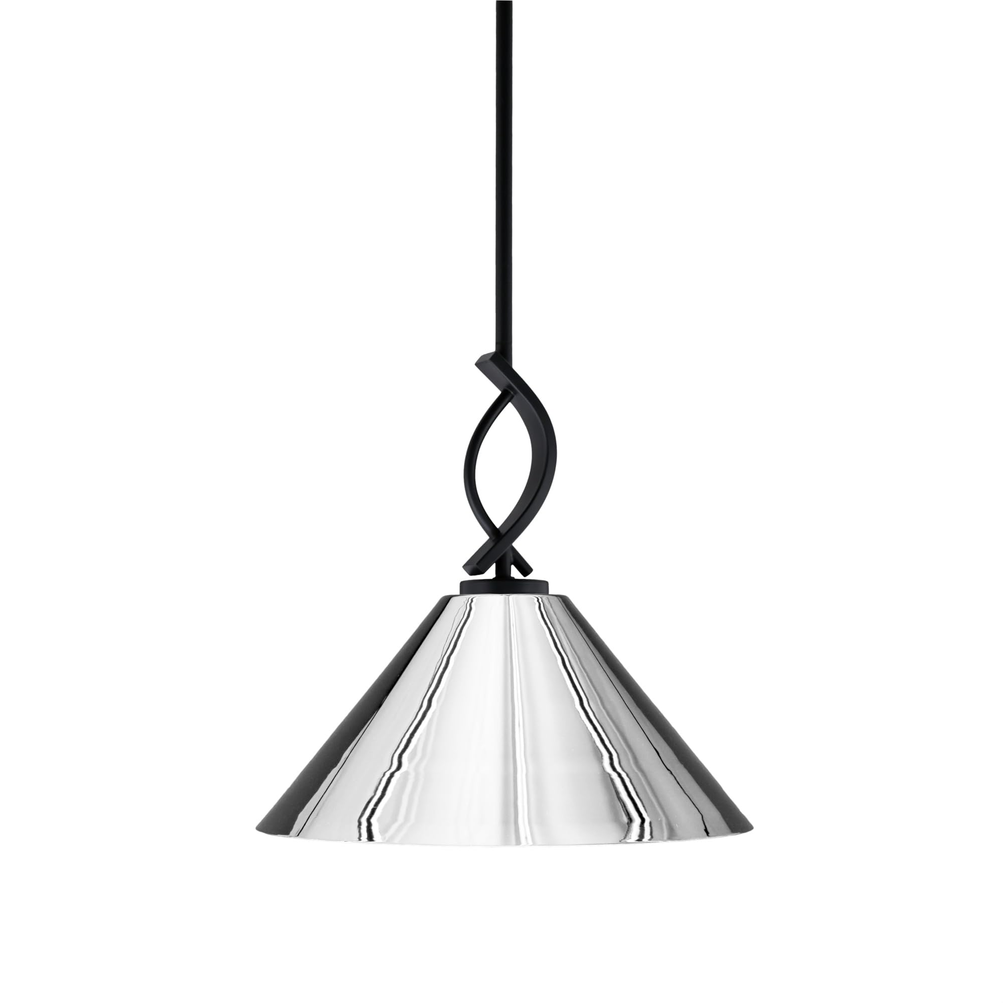 Cavella 1 Light Stem Mini Pendant Shown in Matte Black Finish with 14&quot; Chrome Cone Metal Shade