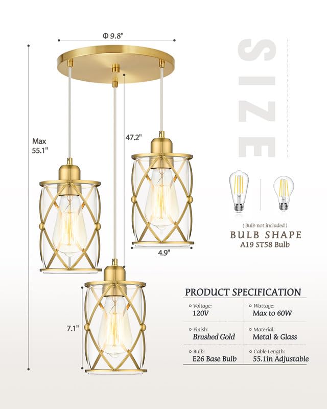 Osimir 3-Light Brushed Gold Chandelier With Clear Glass, Modern Farmhouse Pendant Lighting