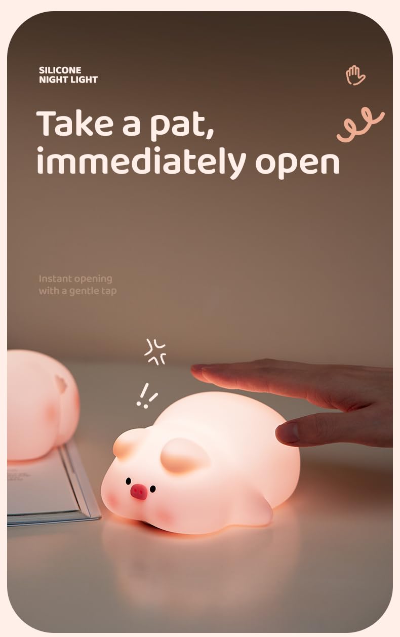 ATSUI Pig Night Light, Rechargeable Silicone Lamp, Adjustable Brightness, Pink, Model ATLE008AP