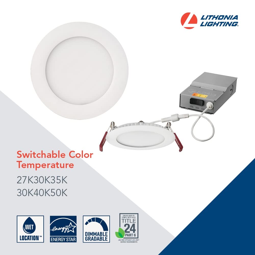 Lithonia Lighting Wf6 Led 30K40K50K 90Cri Mw M6 Recessed Light, Wafer Downlight With Ultra Thin Round Trim, Color Temperature Selectable, 3000K | 4000K | 5000K, 6-Inch, Matte White