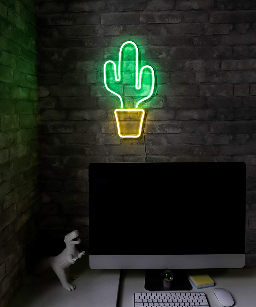 Isaac Jacobs Led Neon Green Cactus Wall Sign - 19” X 10” For Home & Party Décor