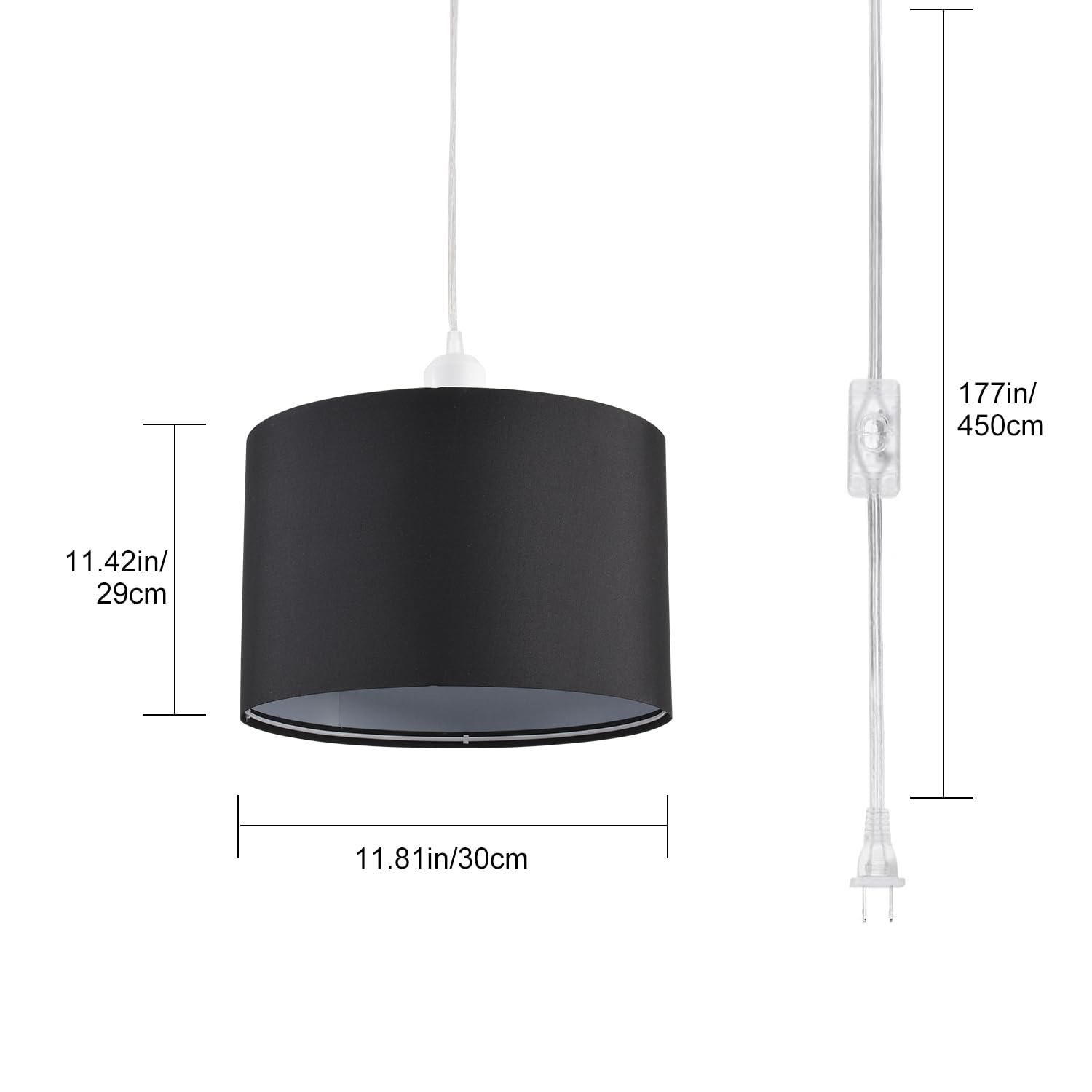 Ihengyanlt 2 Pack Plug In Pendant Light, Hanging Light With 15Ft Clear Cord, On/Off Switch, Black Fabric Lamp Shade, Hanging Lig
