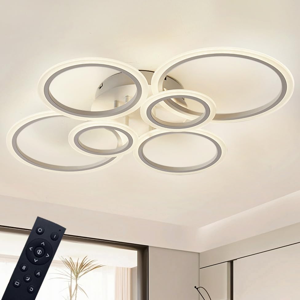 Cyaruy Modern LED Semi-Flush Mount Ceiling Light, Remote-Controlled 3000K-6500K Dimmable, 6-Rings White Round Chandelier Ceiling