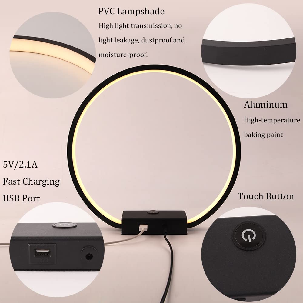 MASIVEL LED Circle Table Lamp Touch Control 3-Way Dimmable Bedside Nightstand Lamp with USB Port Modern Tabletop Lamps, 12W 3000