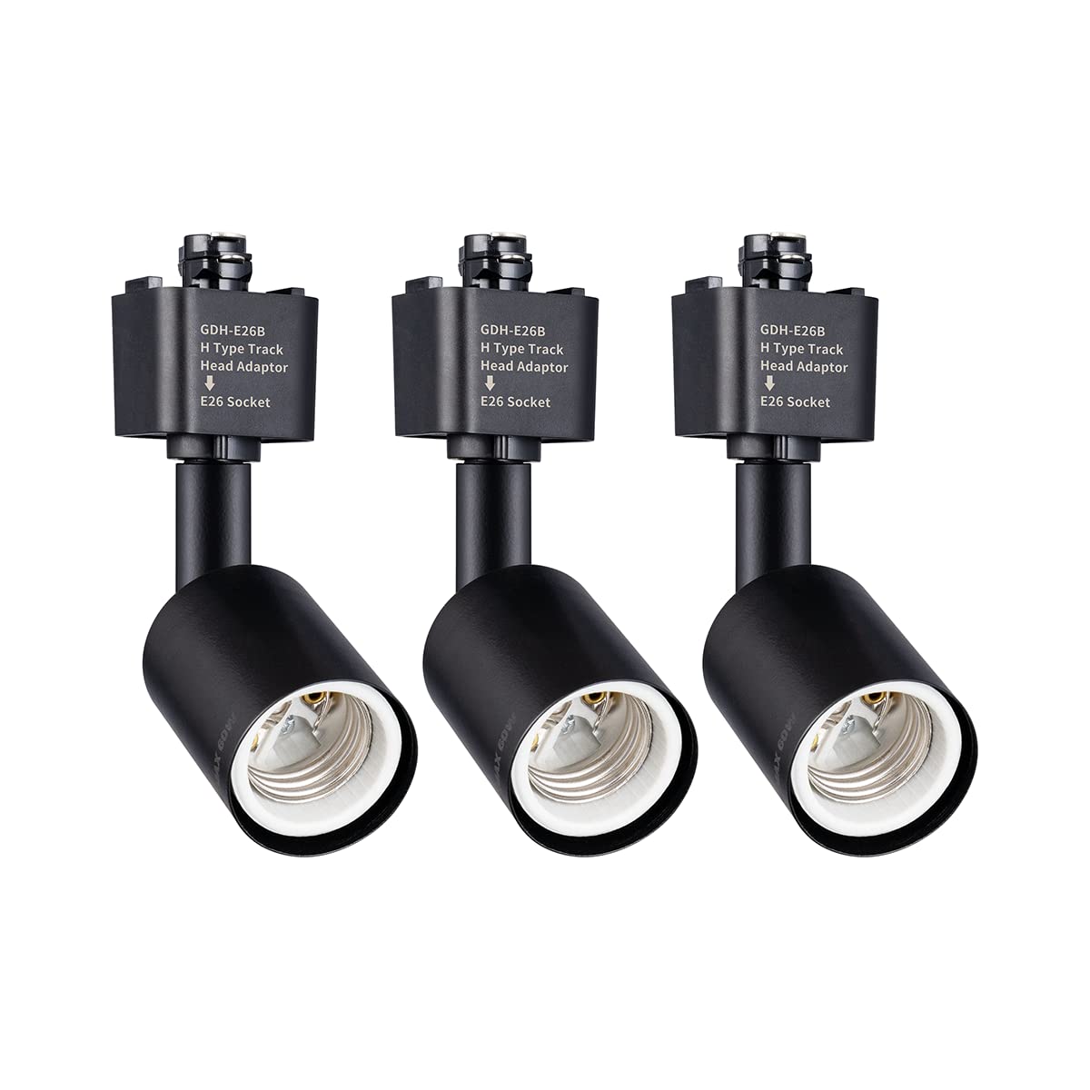 mirrea H Type Track Lighting Head to E26 Medium Screw Base Adapter Light Direction Adjustable Pack of 3 (Black)