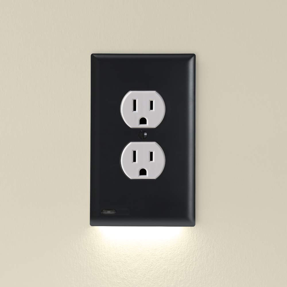 Single - SnapPower GuideLight 2 [For Duplex Outlets] - Replaces Plug-In Night Light - Electrical Receptacle Wall Plate With LED Night Lights - Auto On/Off Sensor - (Duplex, Black)