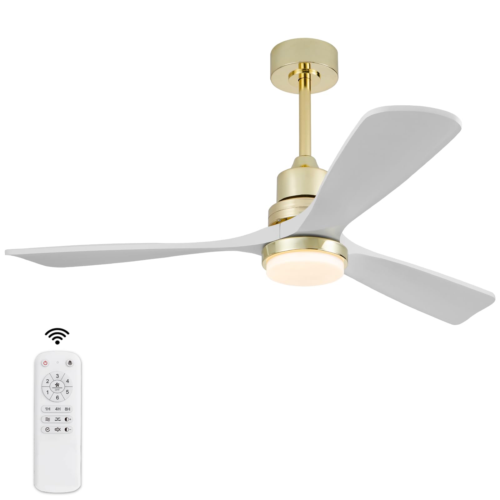 BOJUE Ceiling Fan with Lights, 52 inch, Gold Finish, White Solid Wood cutting edges, Model BJ52WH-1620G, Ideal for Indoor/Outdoor Use