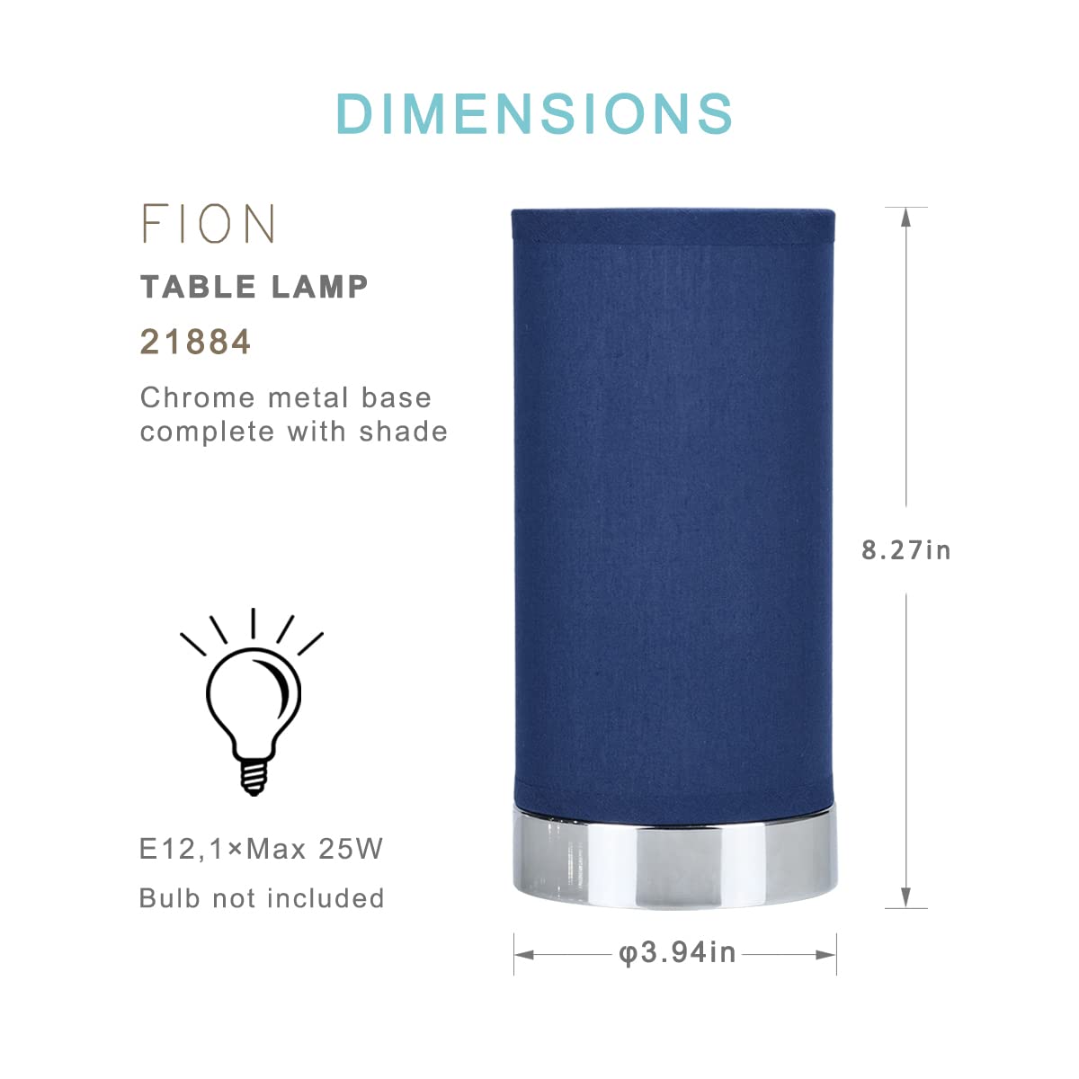 Lampwell Small Table Lamp, Modern Design, Metal and Fabric, F3.94×H8.27IN, Dark Blue, Model 21884