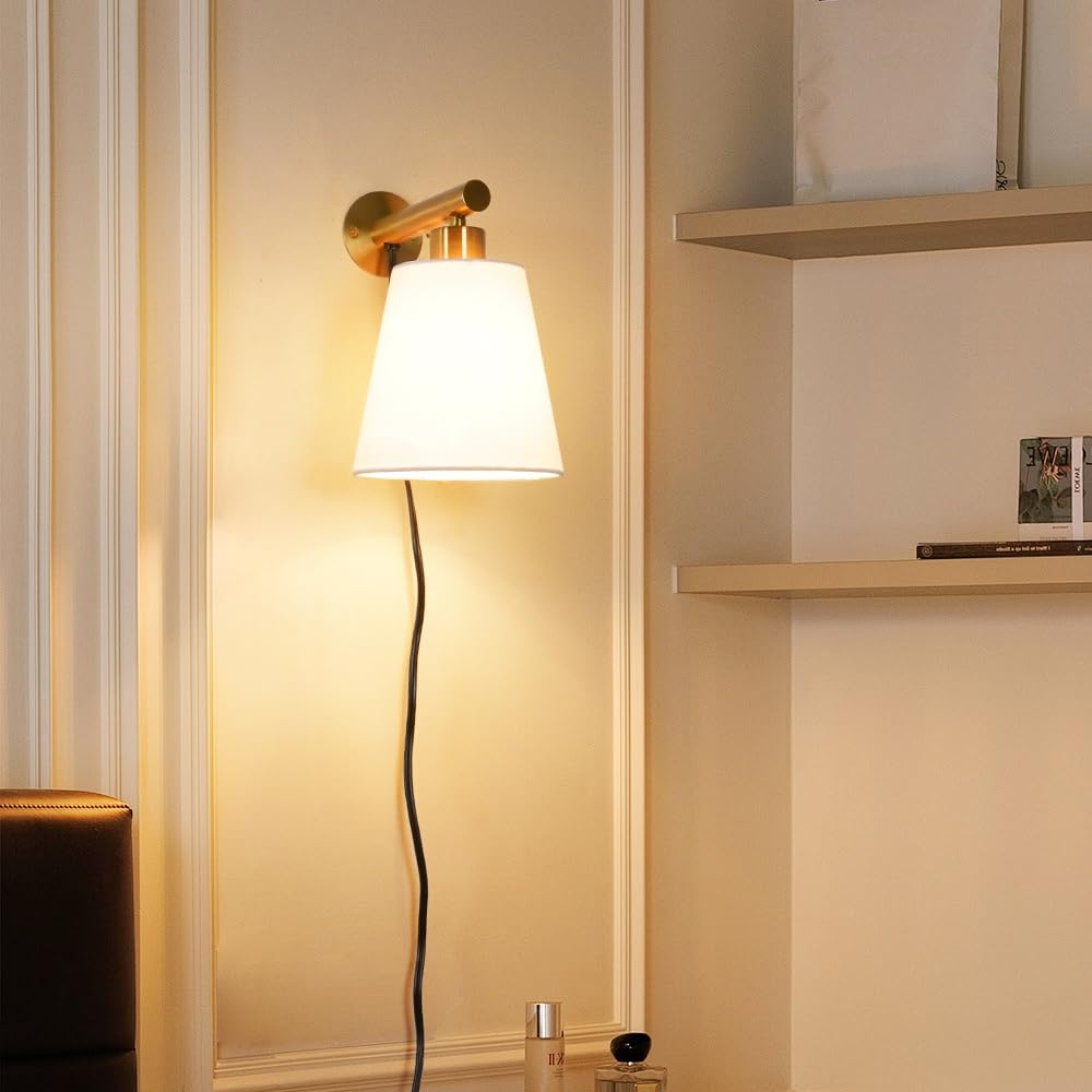 OIYIO Gold Plug-in Wall Sconces Set of 2, Fabric Linen Shade, Model 240910, Bedroom & Living Room Wall Lights