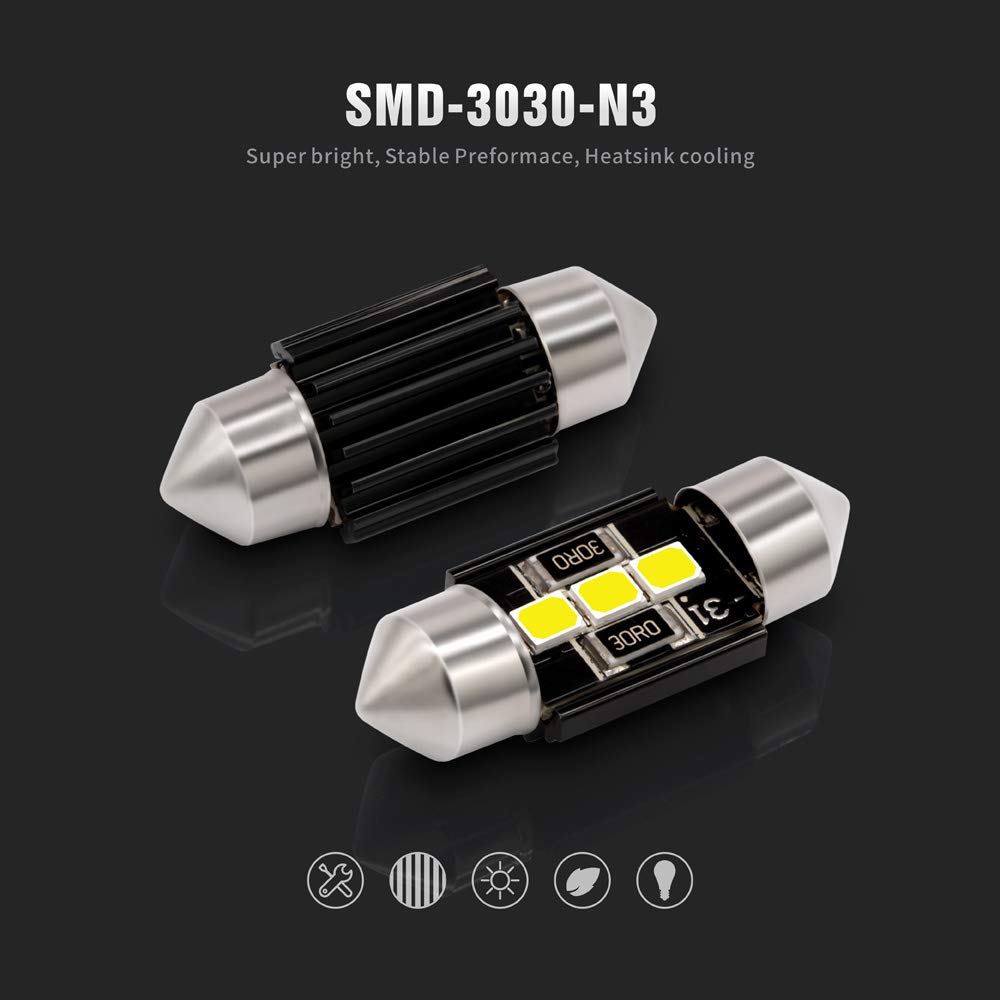 Sir Ius Led N3 De3175 Led Bulbs Pure White Super Bright Led Festoon 300 Lumens 3030 Chipset For Car Truck Interiors Dome Map Door Courtesy Lights 1.25” 31Mm Festoon Pack Of 6 Bulbs