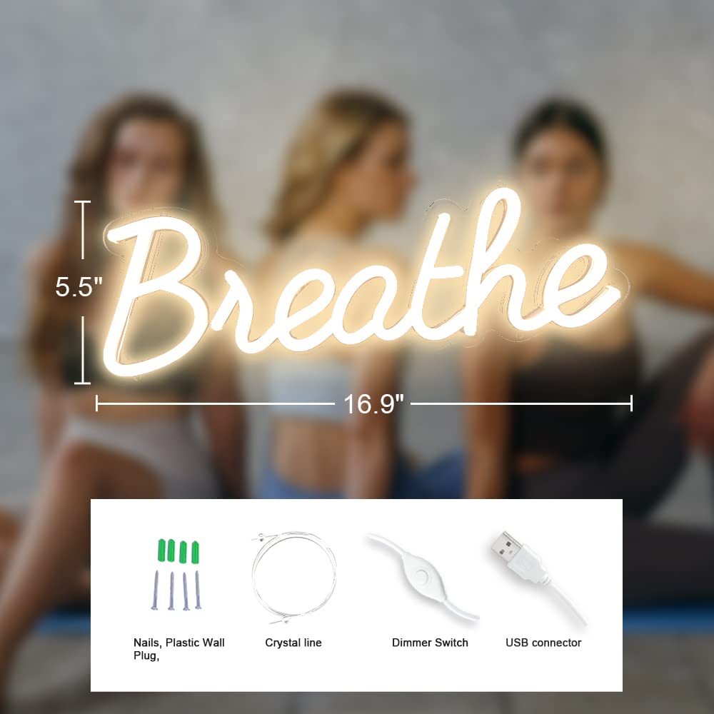Colysor Breathe Neon Sign Wall Decor, Acrylic, Warm White, 17x6 inches, USB Powered with Dimmer Switch, Model CL018