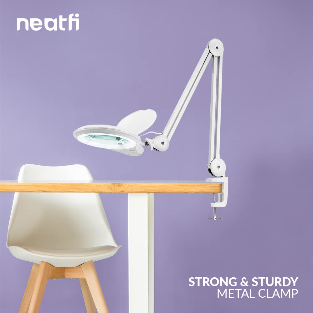 Neatfi (New Model Bifocals 1 200 Lumens Super Led Magnifying Lamp With Clamp  Dimmable  5 Inches Diameter Lens  Adjustable Arm Utility Clamp (8 Diopter + 20 Diopter  White)